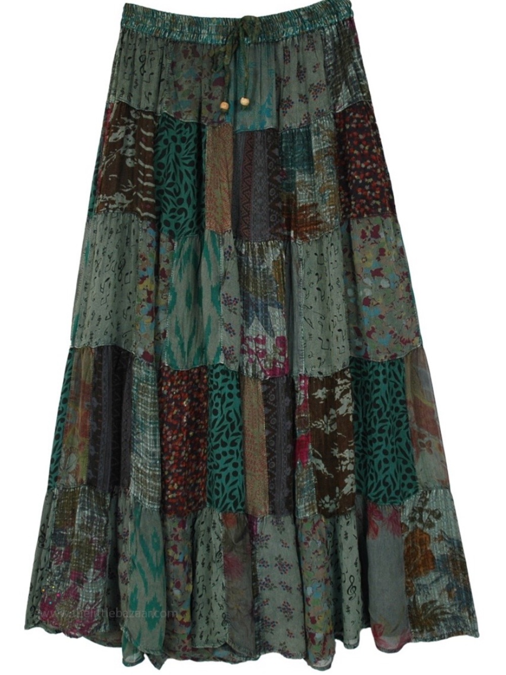 New: Young Threads “Basil” Mixed Patchwork Tiered Flowing Maxi Skirt• Medium - Picture 2 of 6